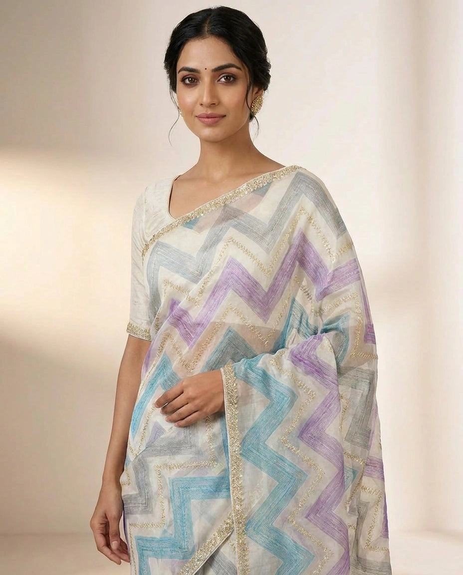 Satin Designer Saree with Hand Embroidery view 6