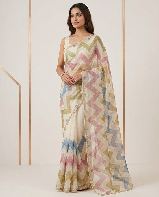 Satin Designer Saree with Hand Embroidery - Rangoli India