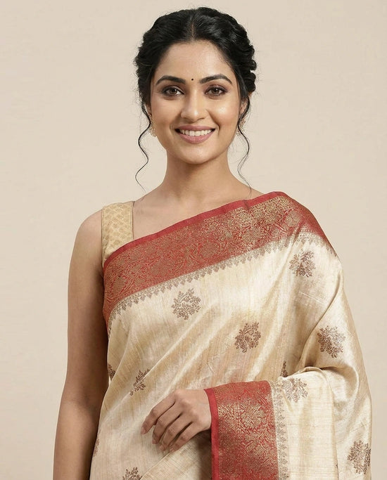 Raw Silk Banarasi Saree with Embroidered Floral Motifs - Rangoli India