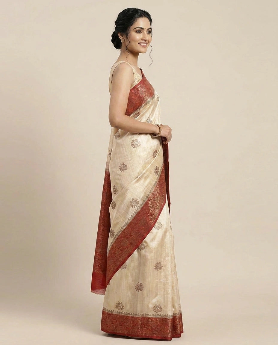 Raw Silk Banarasi Saree with Embroidered Floral Motifs - Rangoli India