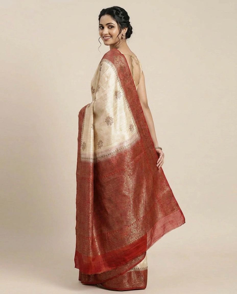 Raw Silk Banarasi Saree with Embroidered Floral Motifs - Rangoli India