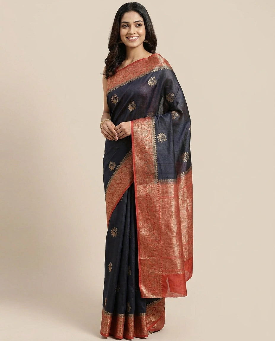 Raw Silk Banarasi Saree with Embroidered Floral Motifs - Rangoli India