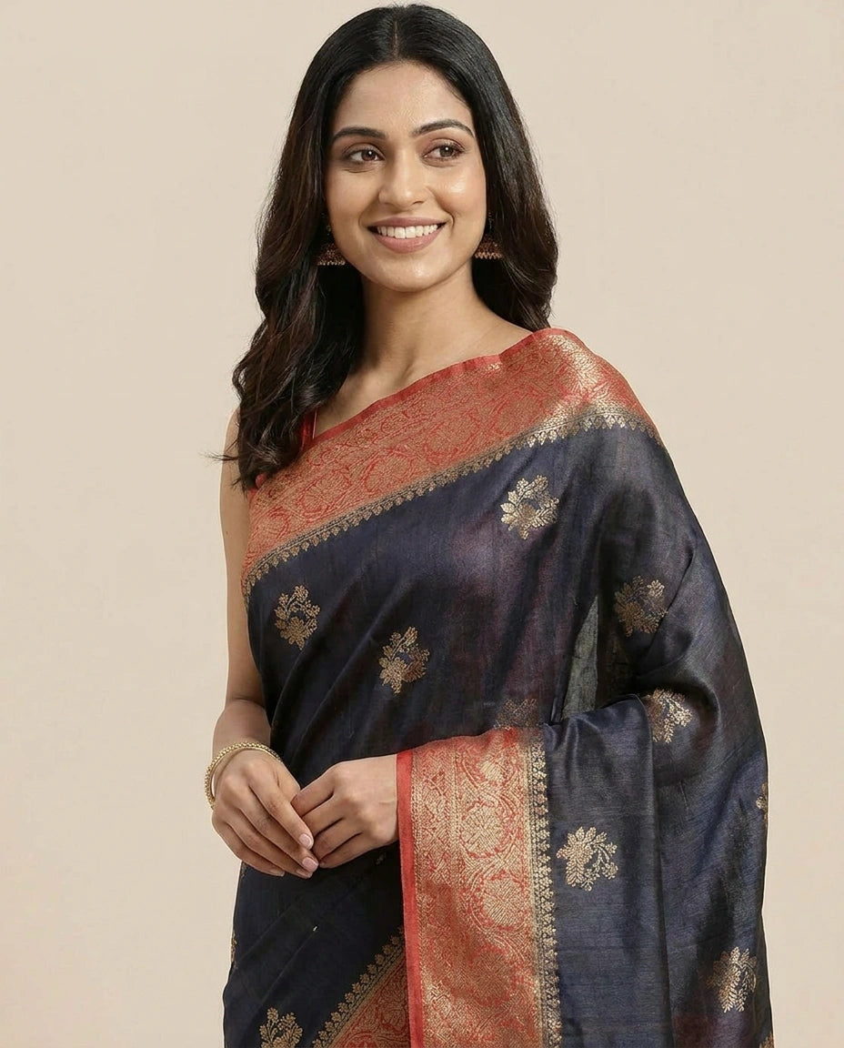 Raw Silk Banarasi Saree with Embroidered Floral Motifs - Rangoli India