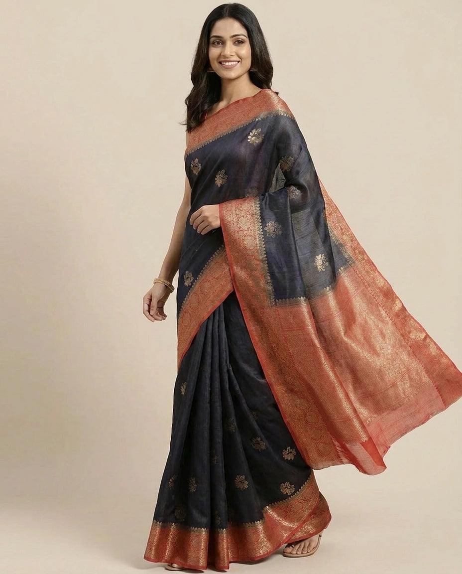 Raw Silk Banarasi Saree with Embroidered Floral Motifs - Rangoli India