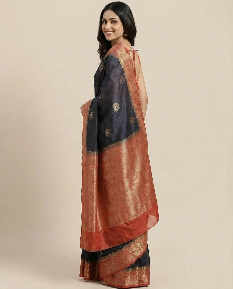 Raw Silk Banarasi Saree with Embroidered Floral Motifs - Rangoli India
