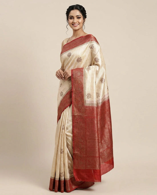 Raw Silk Banarasi Saree with Embroidered Floral Motifs - Rangoli India