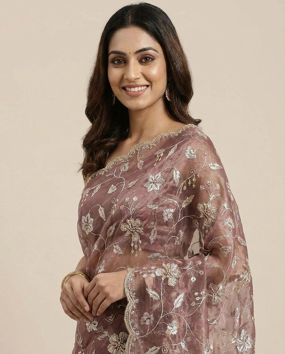 Tissue Embroidered Saree with Floral Sequin Border - Rangoli India