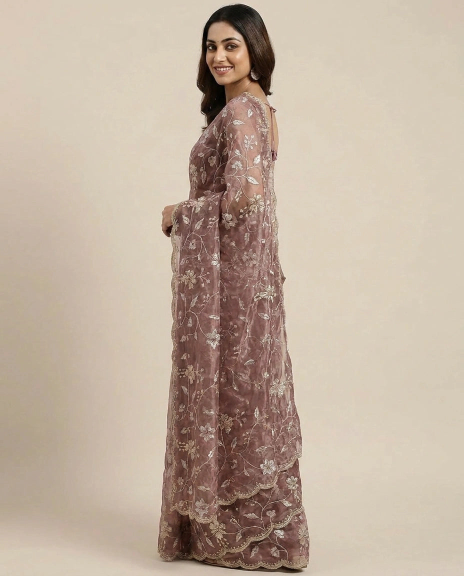 Tissue Embroidered Saree with Floral Sequin Border - Rangoli India