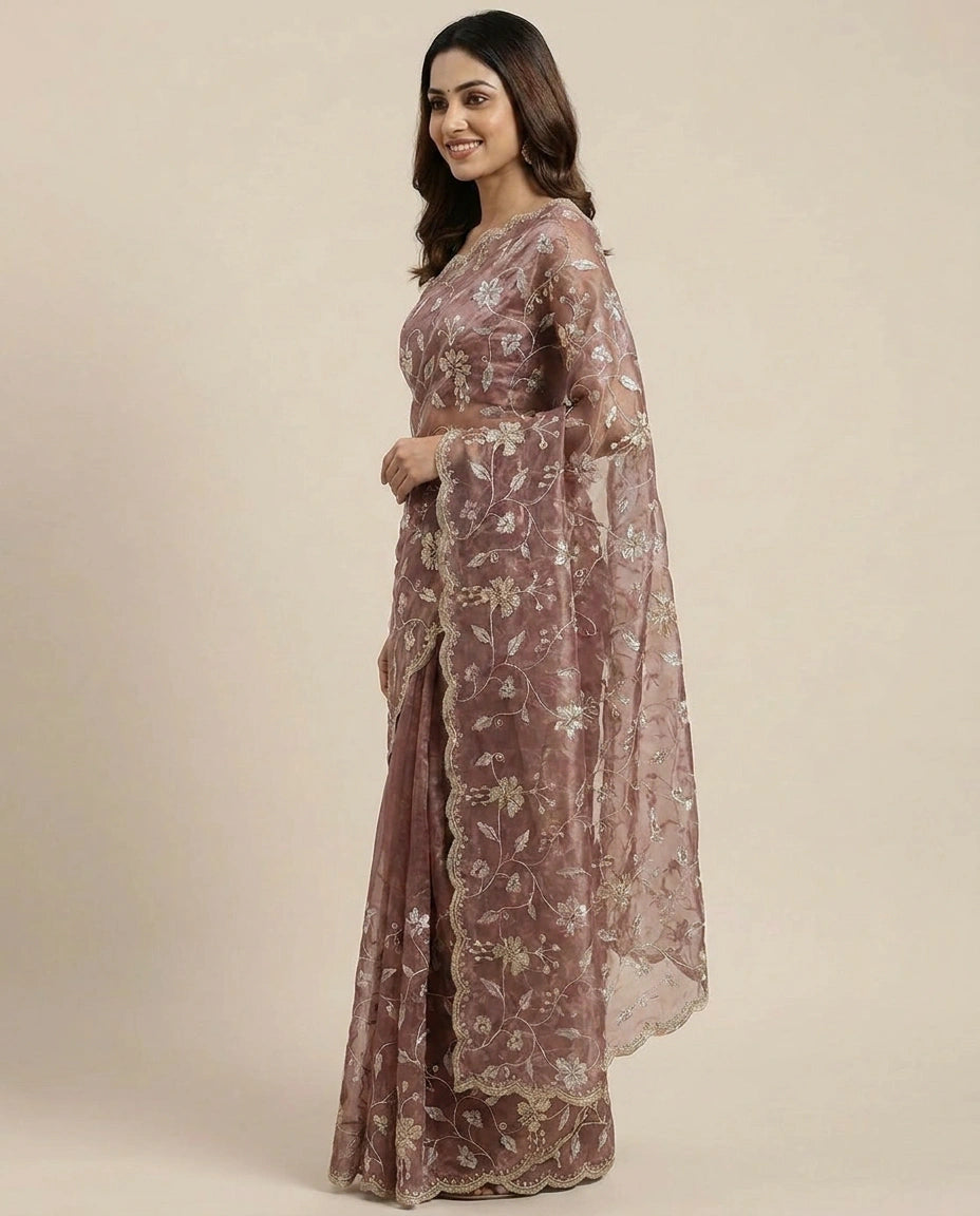 Tissue Embroidered Saree with Floral Sequin Border - Rangoli India