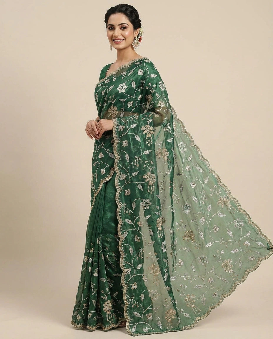 Tissue Embroidered Saree with Floral Sequin Border - Rangoli India