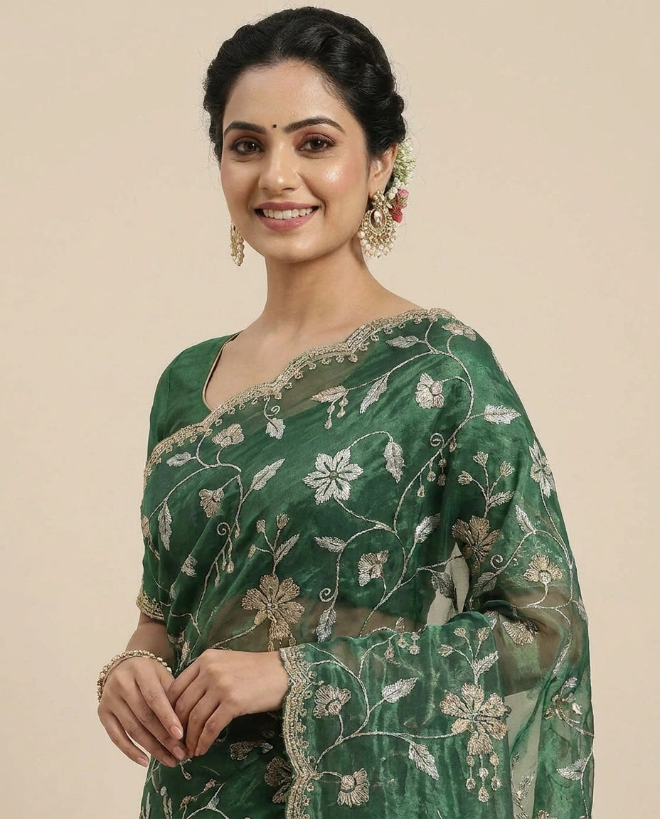 Tissue Embroidered Saree with Floral Sequin Border - Rangoli India