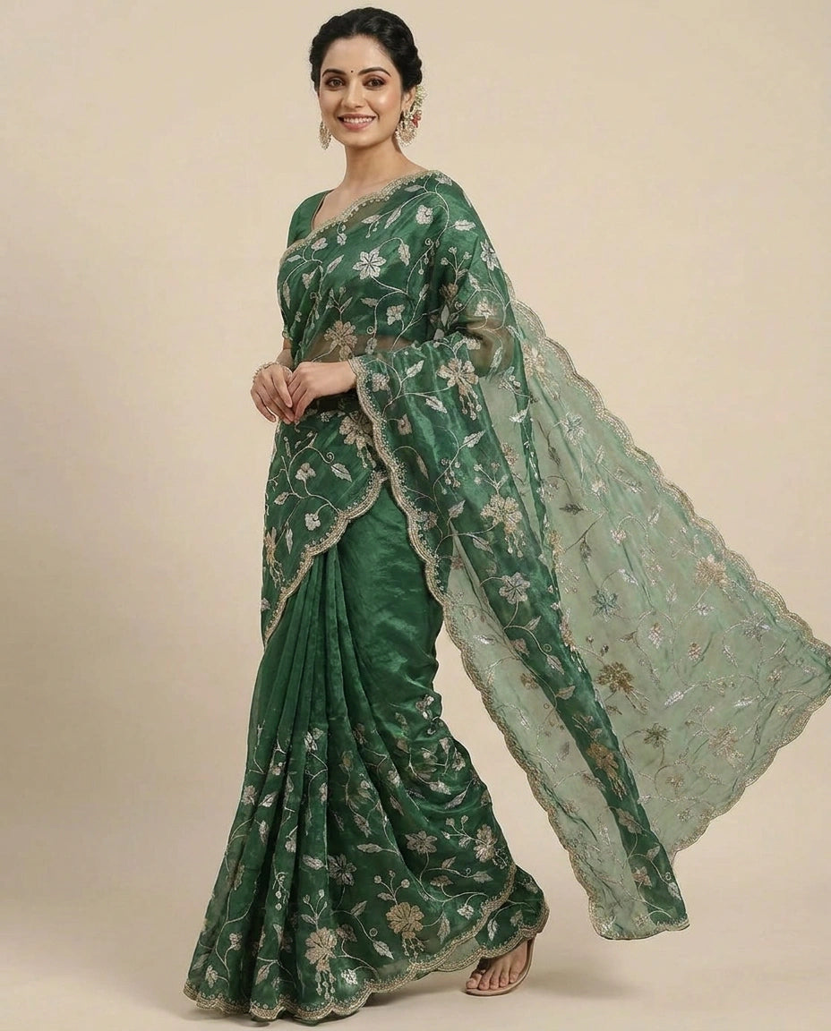 Tissue Embroidered Saree with Floral Sequin Border - Rangoli India