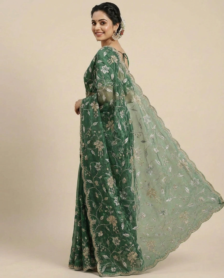 Tissue Embroidered Saree with Floral Sequin Border - Rangoli India