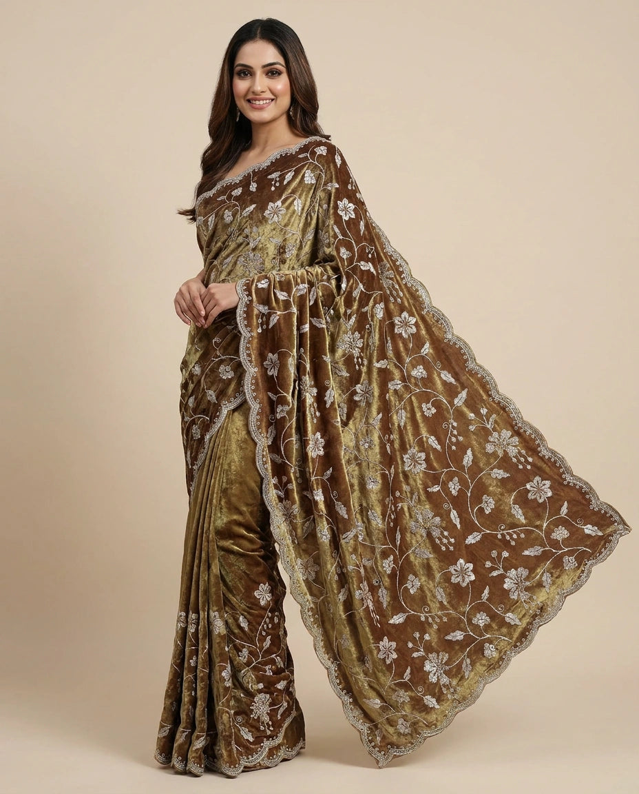 Tissue Embroidered Saree with Floral Sequin Border - Rangoli India