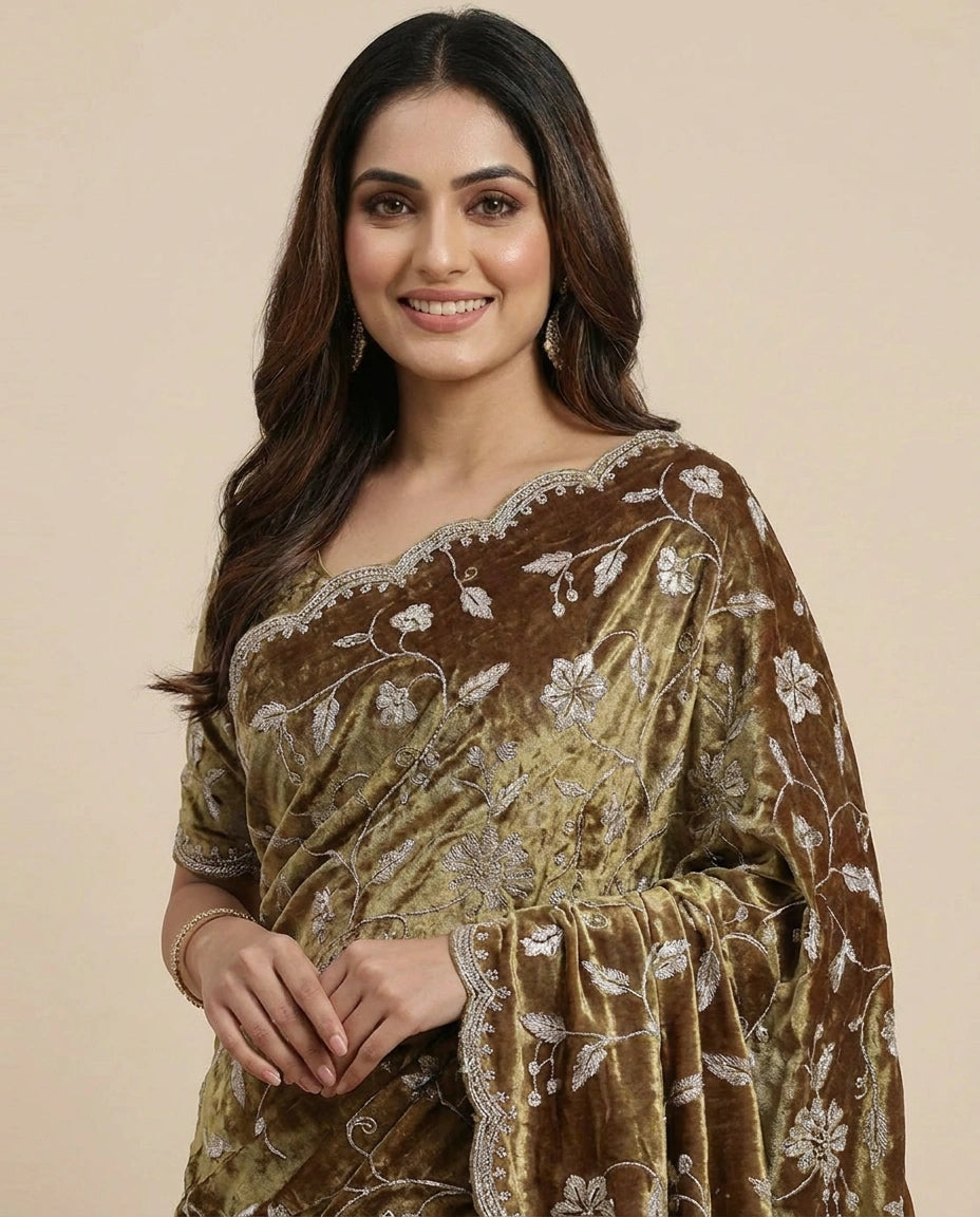 Tissue Embroidered Saree with Floral Sequin Border - Rangoli India