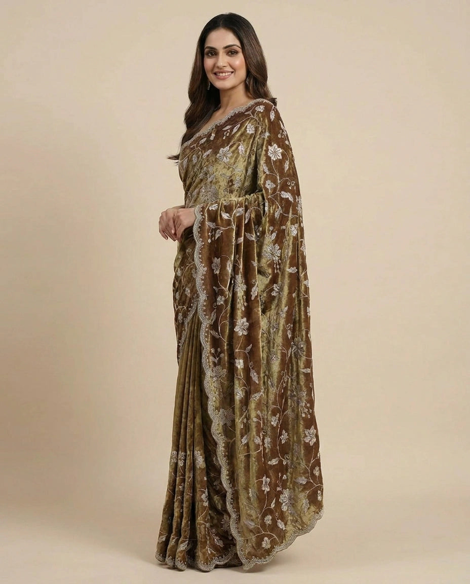 Tissue Embroidered Saree with Floral Sequin Border - Rangoli India