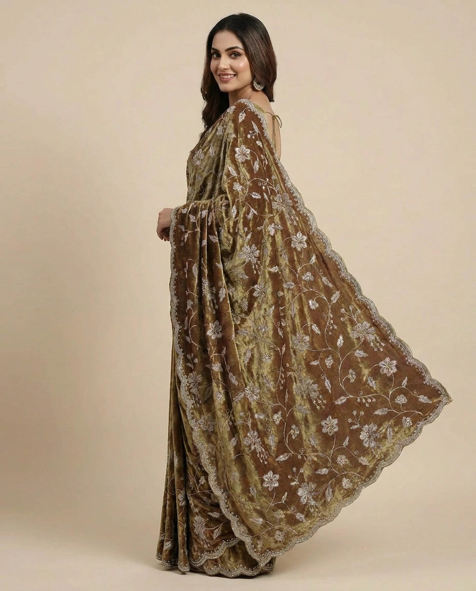 Tissue Embroidered Saree with Floral Sequin Border - Rangoli India