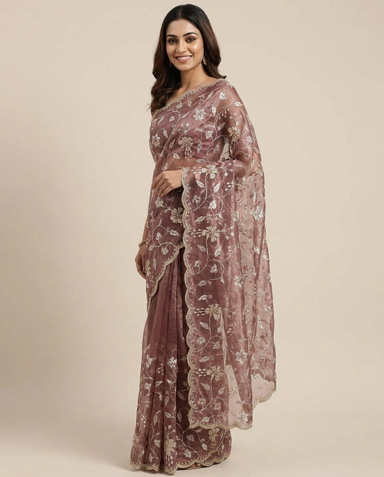 Tissue Embroidered Saree with Floral Sequin Border - Rangoli India