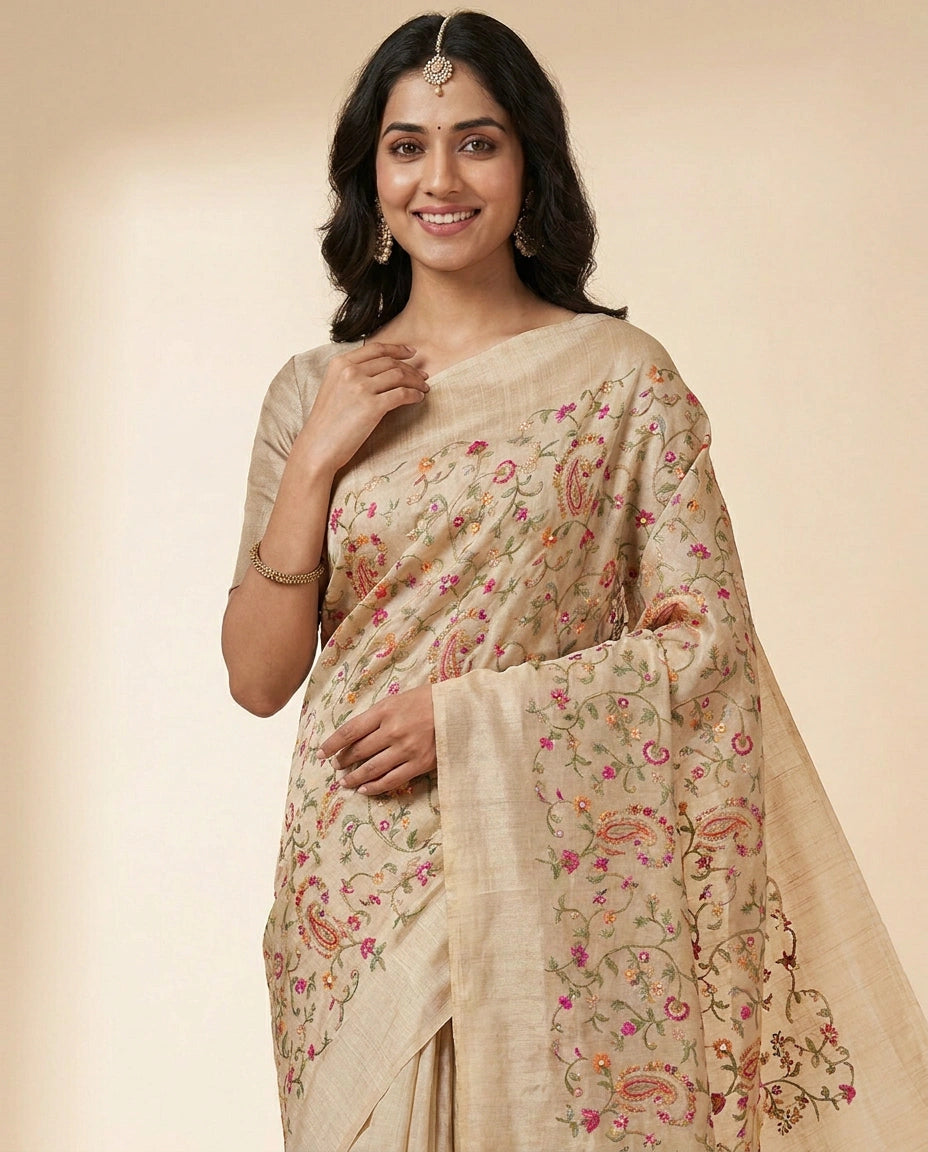 Tussar Silk Embroidered Saree - Rangoli India