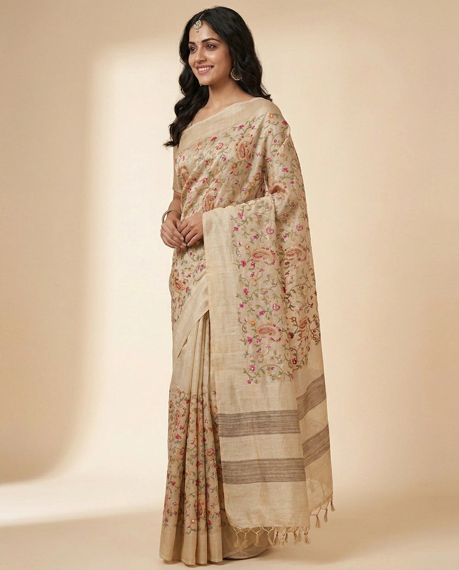 Tussar Silk Embroidered Saree - Rangoli India