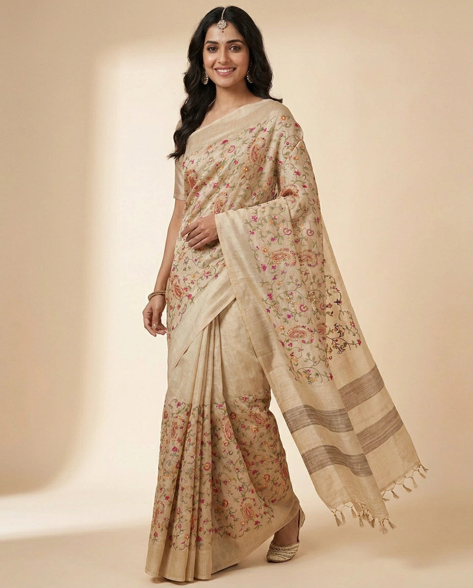 Tussar Silk Embroidered Saree - Rangoli India