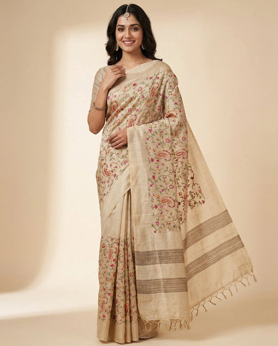 Tussar Silk Embroidered Saree - Rangoli India