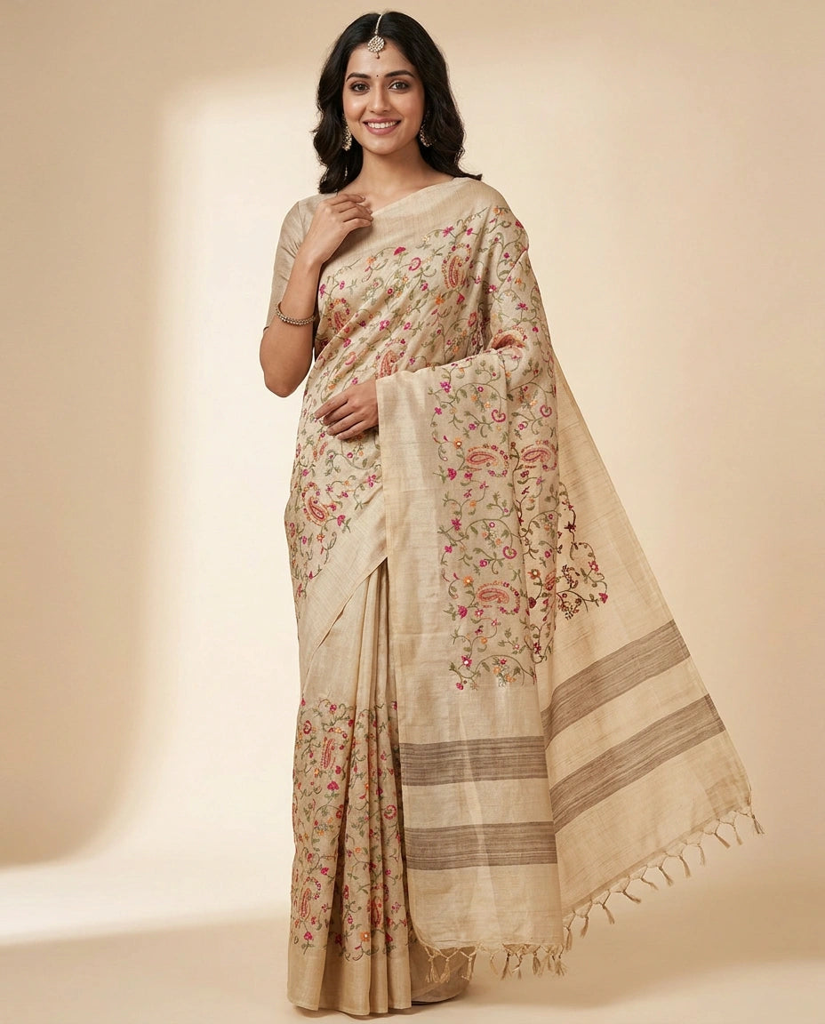 Tussar Silk Embroidered Saree - Rangoli India