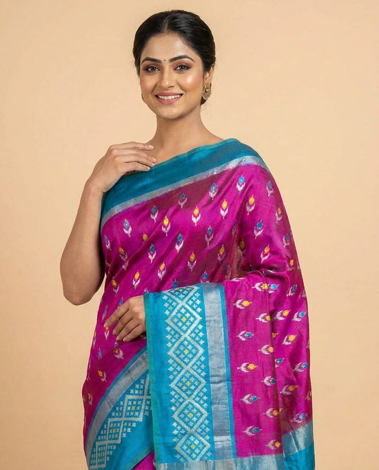 Silk Katan Ikkat Saree with Geometric Border - Rangoli India