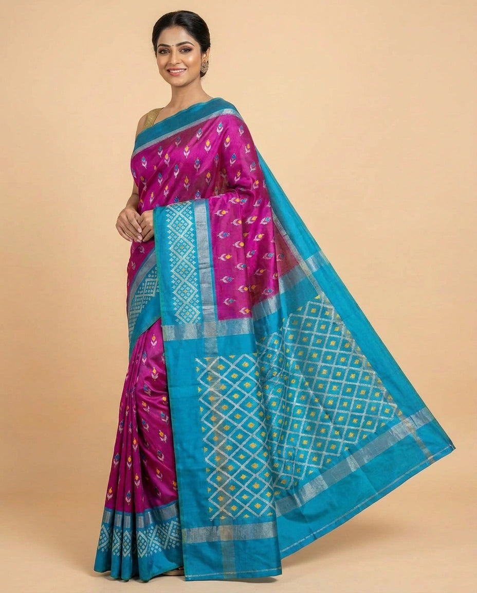 Silk Katan Ikkat Saree with Geometric Border - Rangoli India