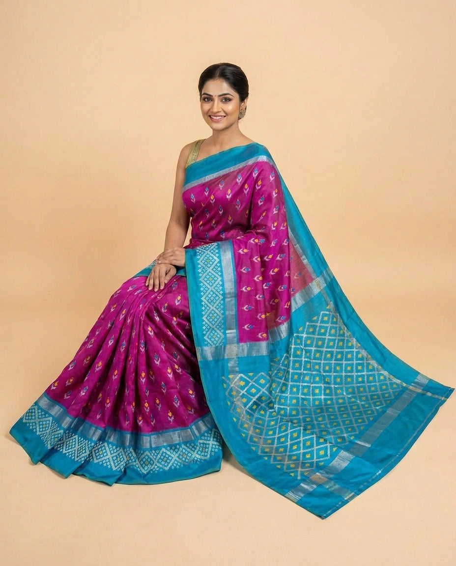 Silk Katan Ikkat Saree with Geometric Border - Rangoli India