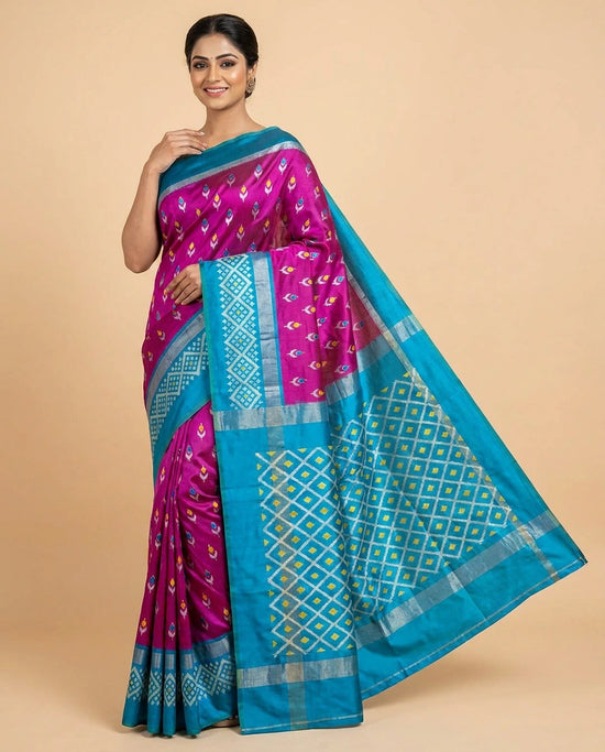 Silk Katan Ikkat Saree with Geometric Border - Rangoli India