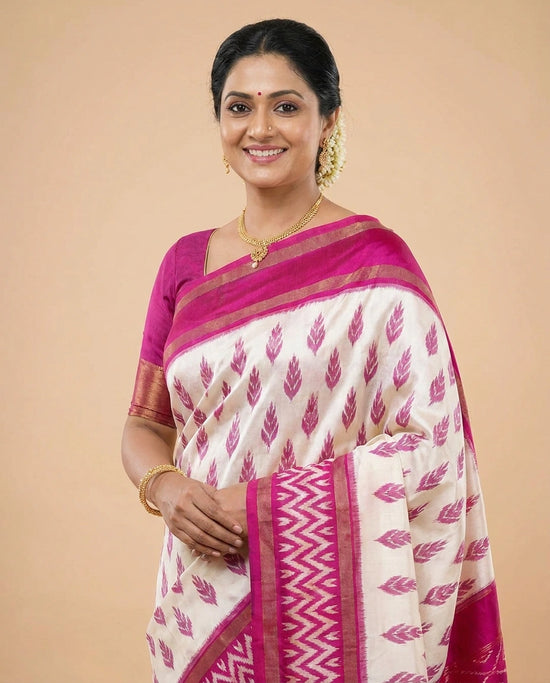 Off White Ikkat Silk Katan Saree - Rangoli India
