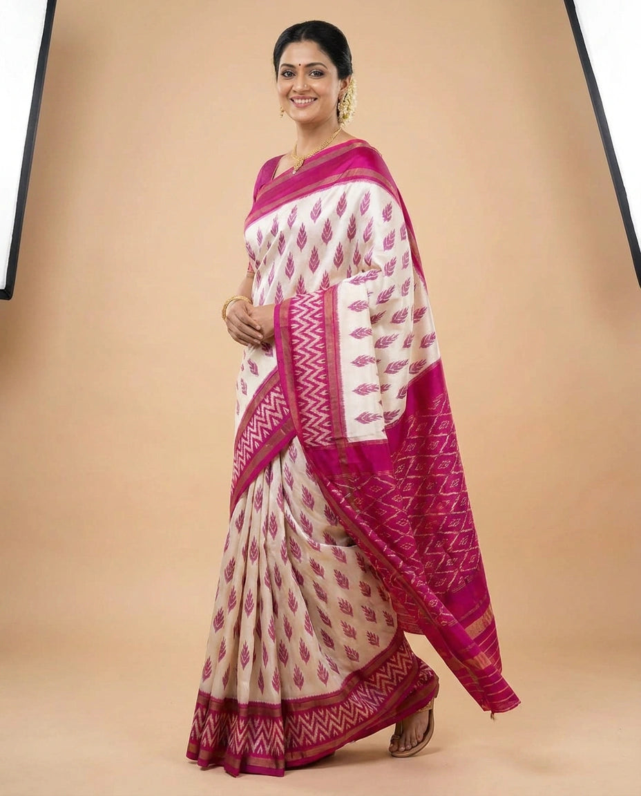 Off White Ikkat Silk Katan Saree - Rangoli India