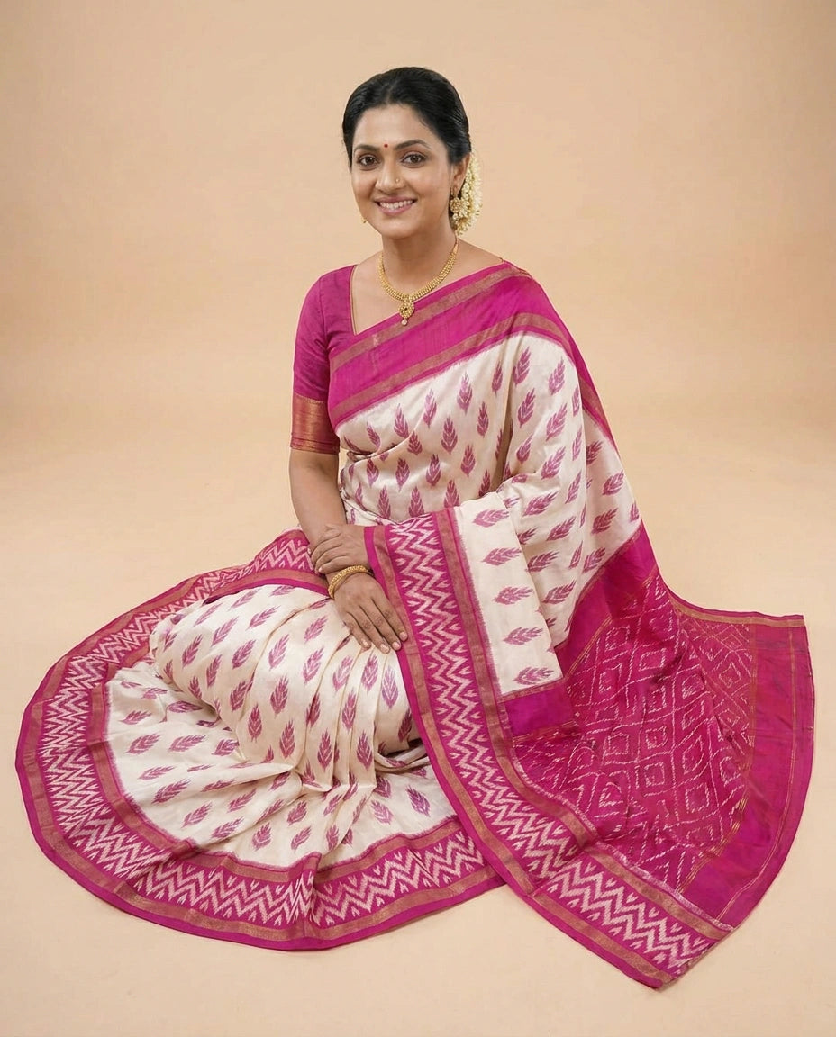 Off White Ikkat Silk Katan Saree - Rangoli India