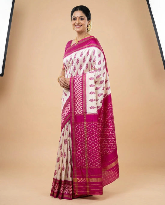 Off White Ikkat Silk Katan Saree - Rangoli India