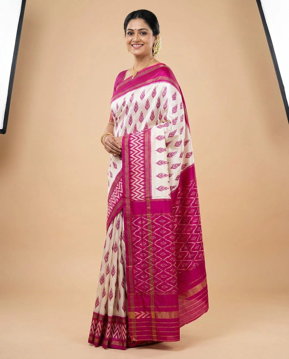 Off White Ikkat Silk Katan Saree - Rangoli India