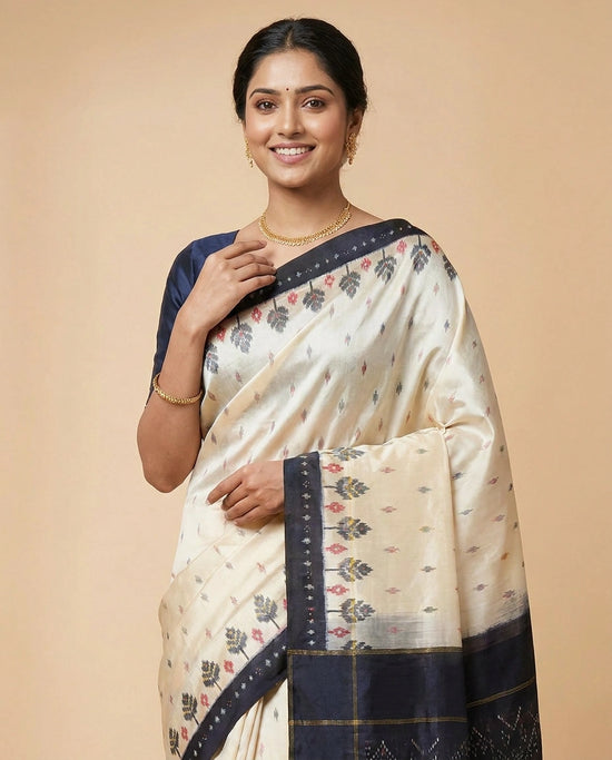 Off White Ikkat Saree in Silk Katan - Rangoli India