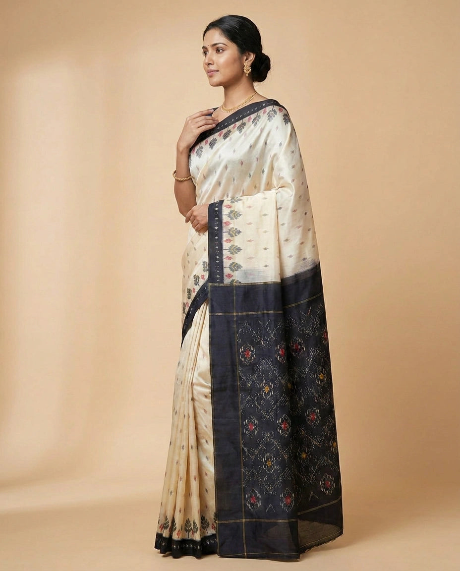 Off White Ikkat Saree in Silk Katan - Rangoli India