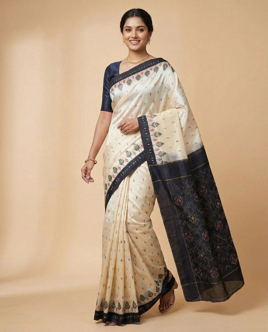 Off White Ikkat Saree in Silk Katan - Rangoli India