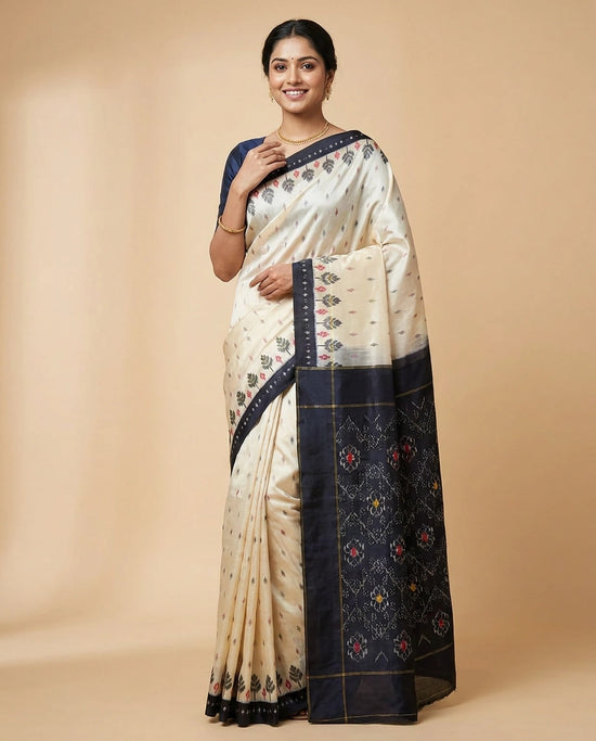 Off White Ikkat Saree in Silk Katan - Rangoli India