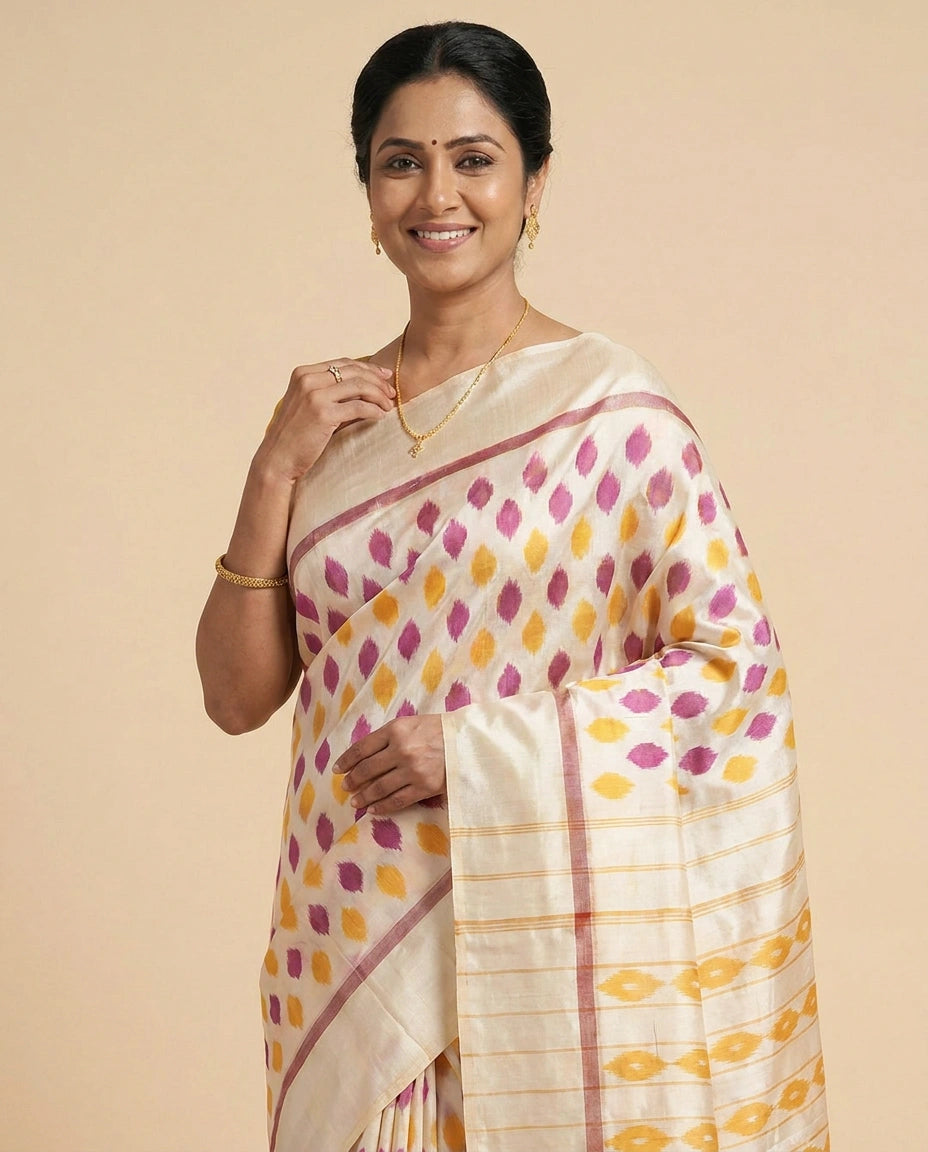 White Ikkat Silk Katan Saree - Rangoli India