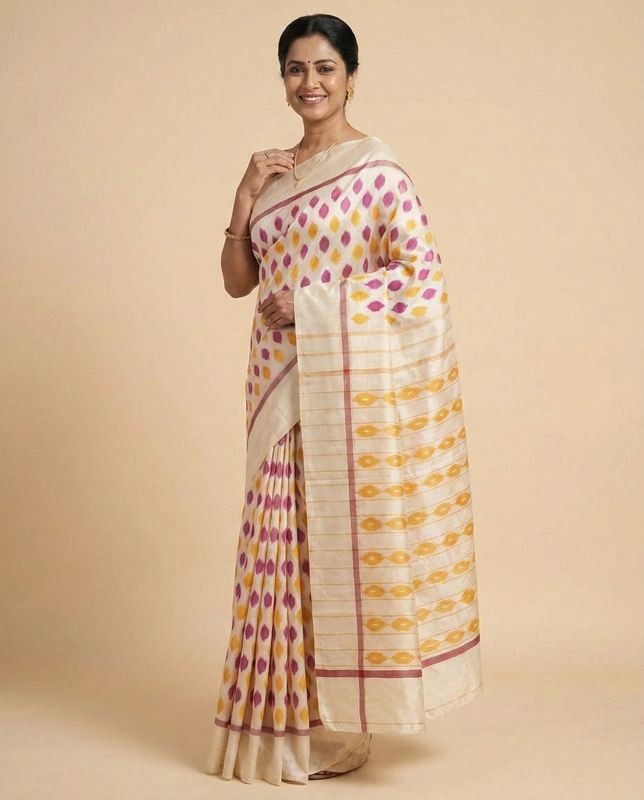 White Ikkat Silk Katan Saree - Rangoli India