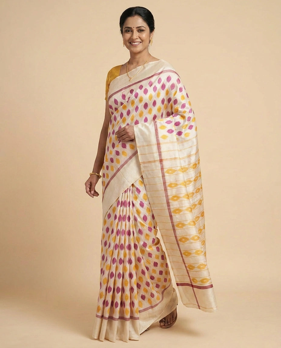 White Ikkat Silk Katan Saree - Rangoli India