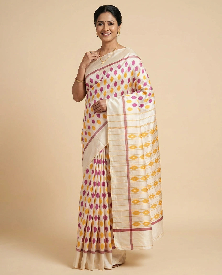 White Ikkat Silk Katan Saree - Rangoli India