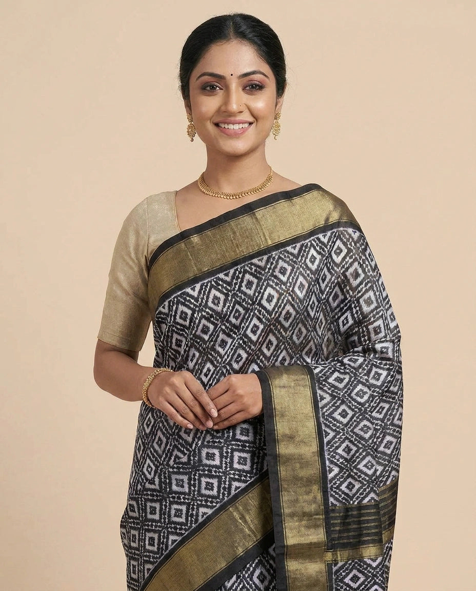 Black Ikkat Saree in Silk Katan - Rangoli India