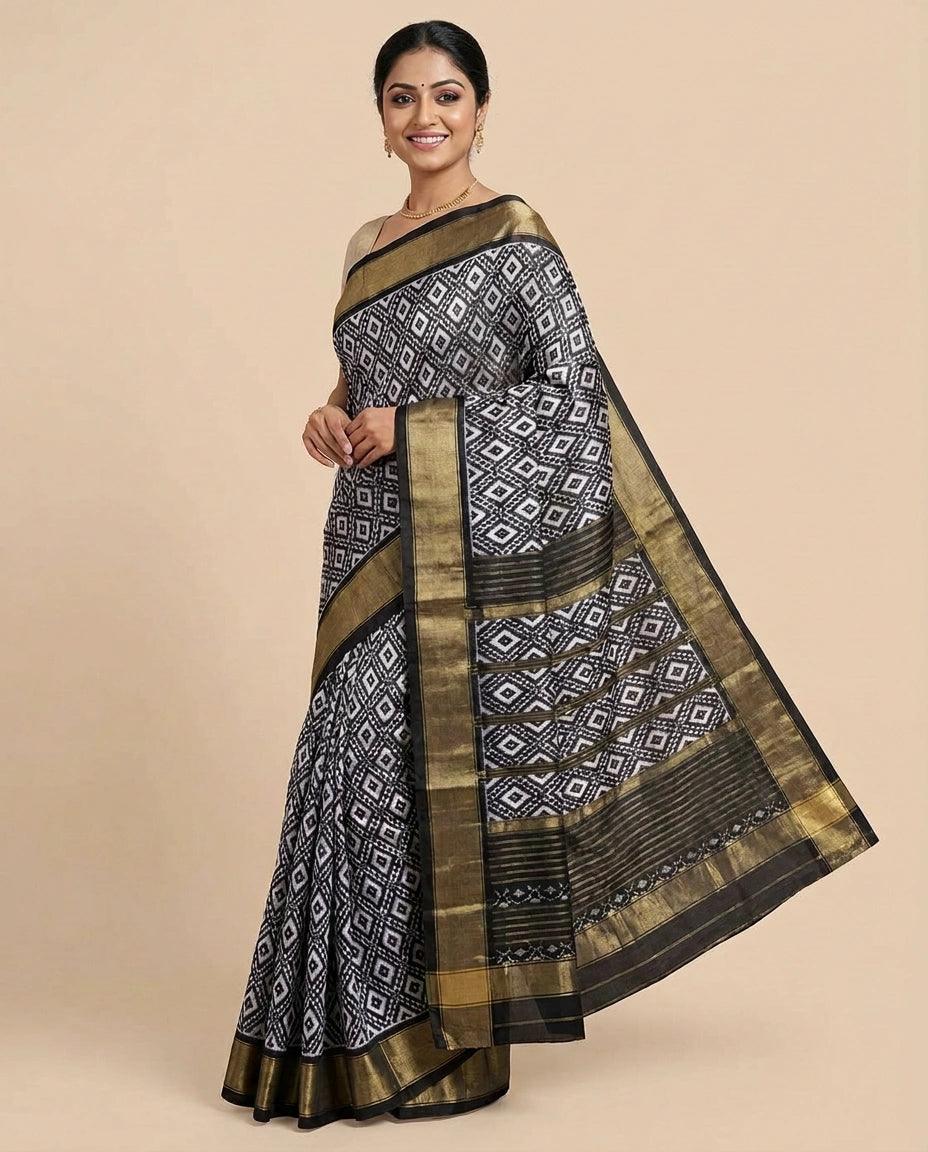 Black Ikkat Saree in Silk Katan - Rangoli India