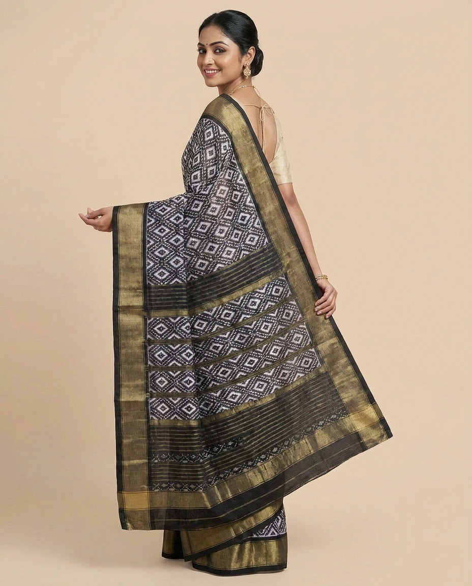 Black Ikkat Saree in Silk Katan - Rangoli India