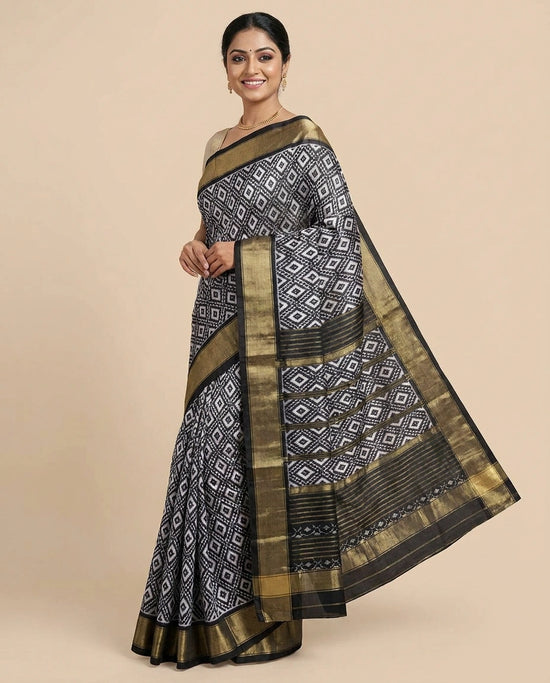 Black Ikkat Saree in Silk Katan - Rangoli India