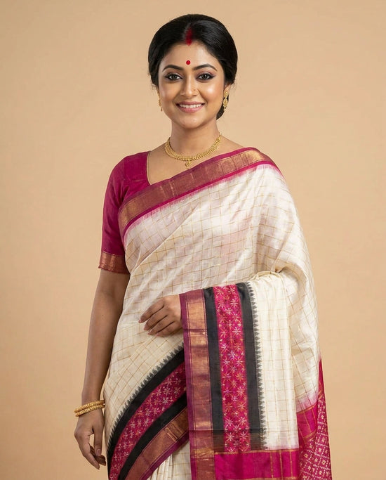 Off White Ikkat Saree in Silk Katan - Rangoli India
