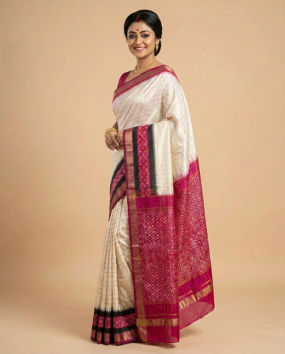 Off White Ikkat Saree in Silk Katan - Rangoli India